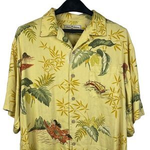 Tommy Bahama Mens Medium HULA GIRL 100% Silk Aloha Hawaiian Yellow Tropical Leaf
